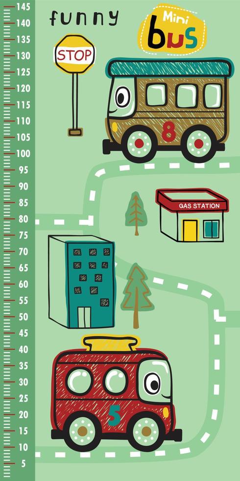 height measurement wall with hand drawn funny cars, city traffic elements cartoon vector