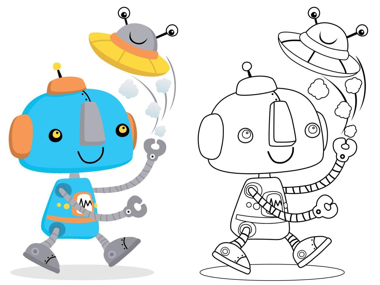 vector illustration of cute robots cartoon, coloring book or page