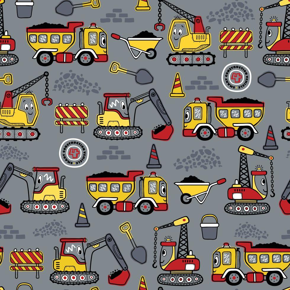 Seamless pattern vector of hand drawn funny construction vehicles cartoon, construction elements illustration