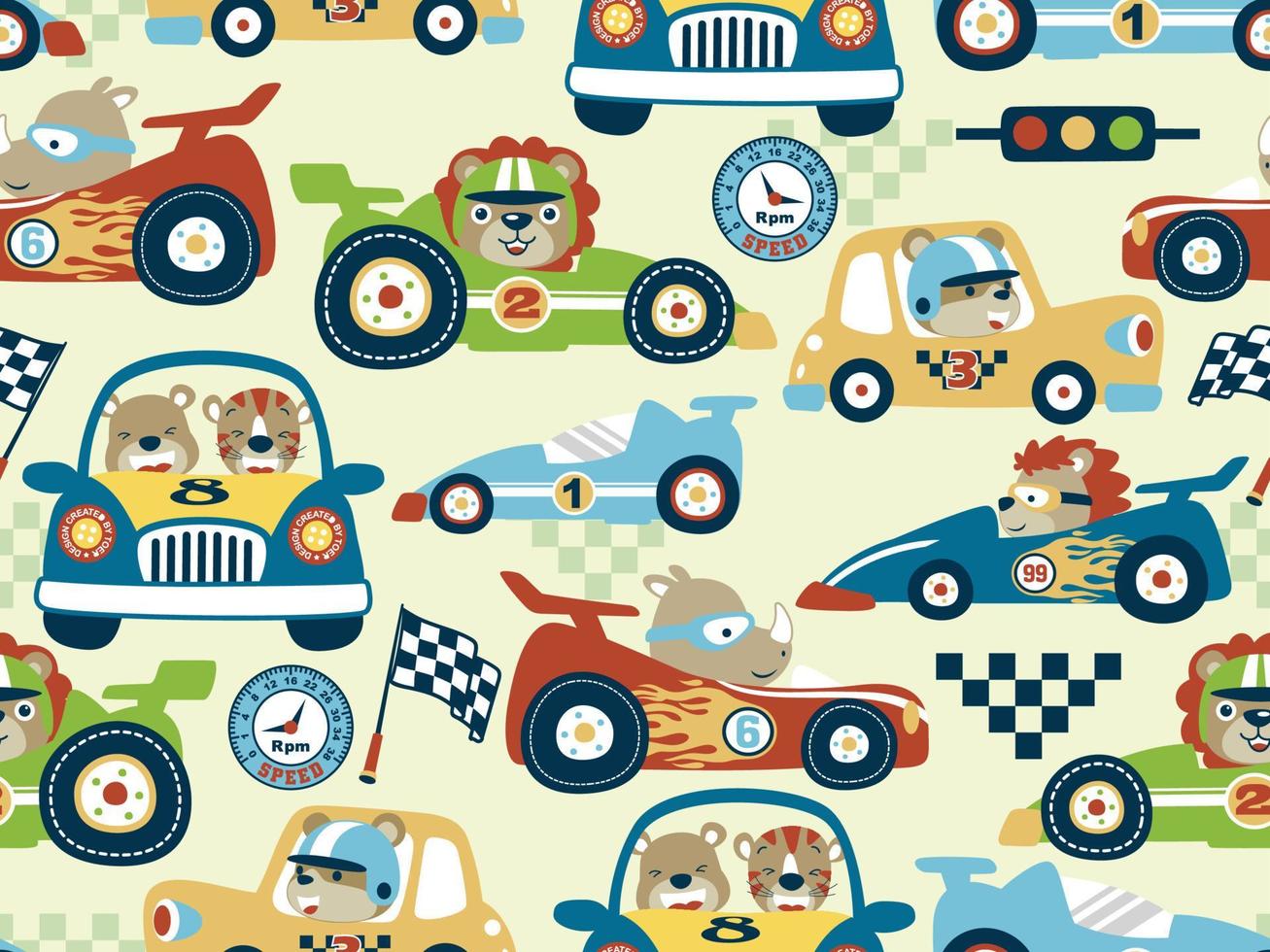 patrón sin costuras de dibujos animados de autos de carrera con animales divertidos corredor vector