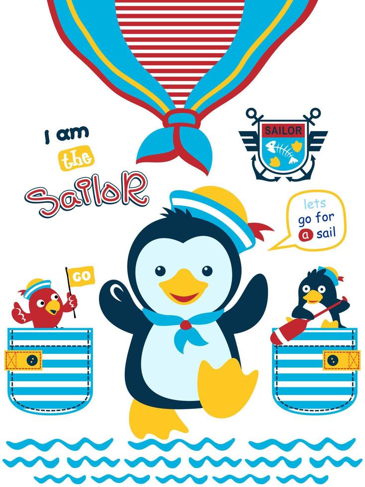 Cute penguin in sailor costume, penguin holding paddle in pocket, bird using sailor hat while holding a flag in pocket. Vector cartoon illustration