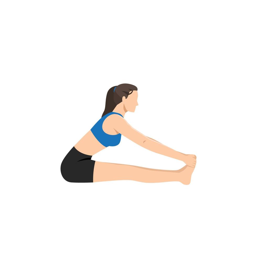 Woman doing Staff Hand To Big Toe Pose I. Practice Padangustha Dandasana I. Flat vector illustration isolated on white background