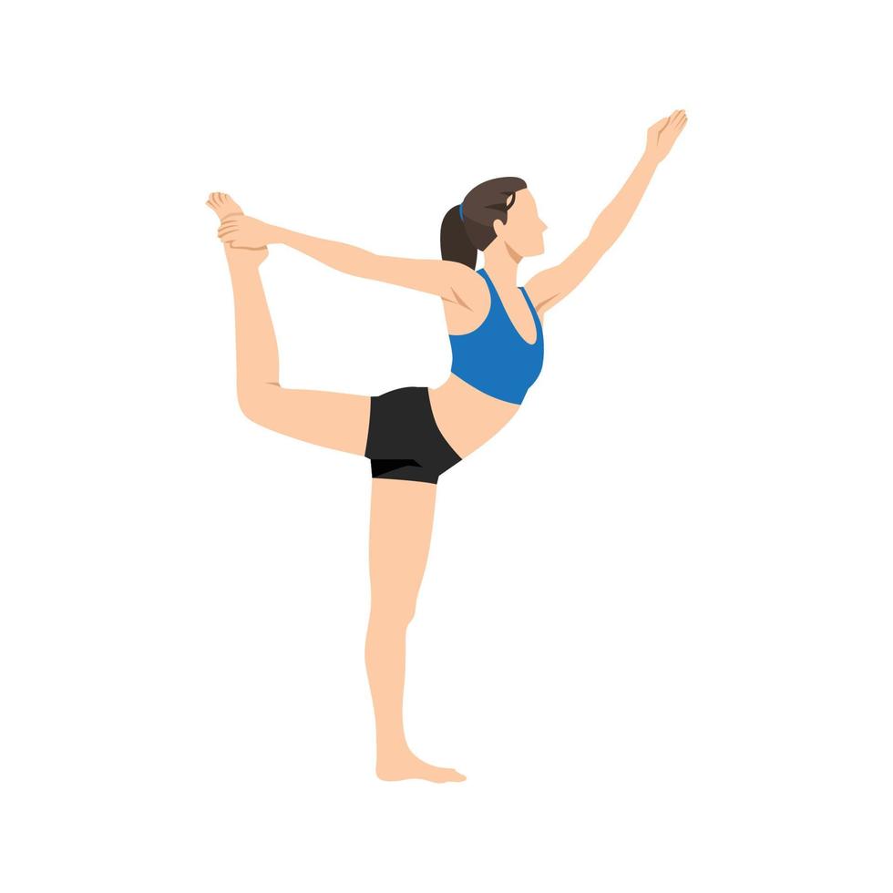 Woman doing Dancer Pose, King Dancer Pose, Lord of the Dance Pose, Dancer Pose. Practice Utthita Ardha Dhanurasana. Flat vector illustration isolated on white background