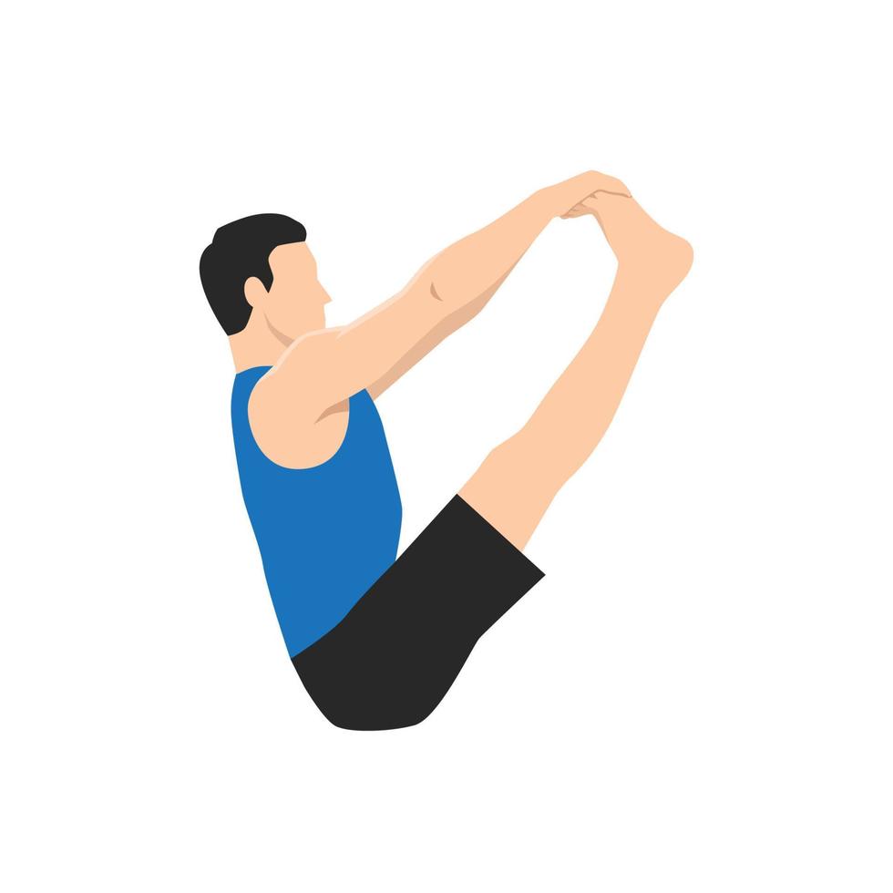 hombre haciendo pose de dedo gordo del pie, agarre de dedo doble, pose de bastón de equilibrio, dronasana. practica ubhaya padangusthasana. ilustración vectorial plana aislada sobre fondo blanco vector