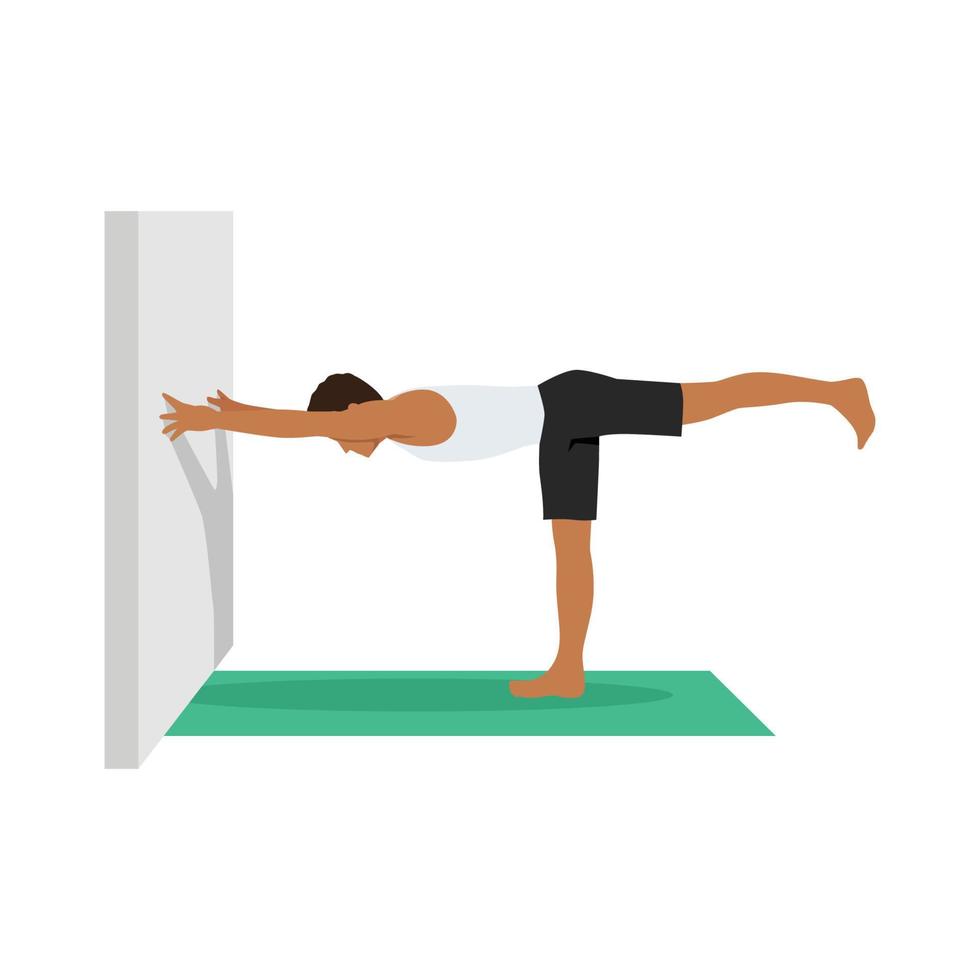 Man doing warrior III pose virabhadrasana III to the wall exercise. Flat vector illustration isolated on white background