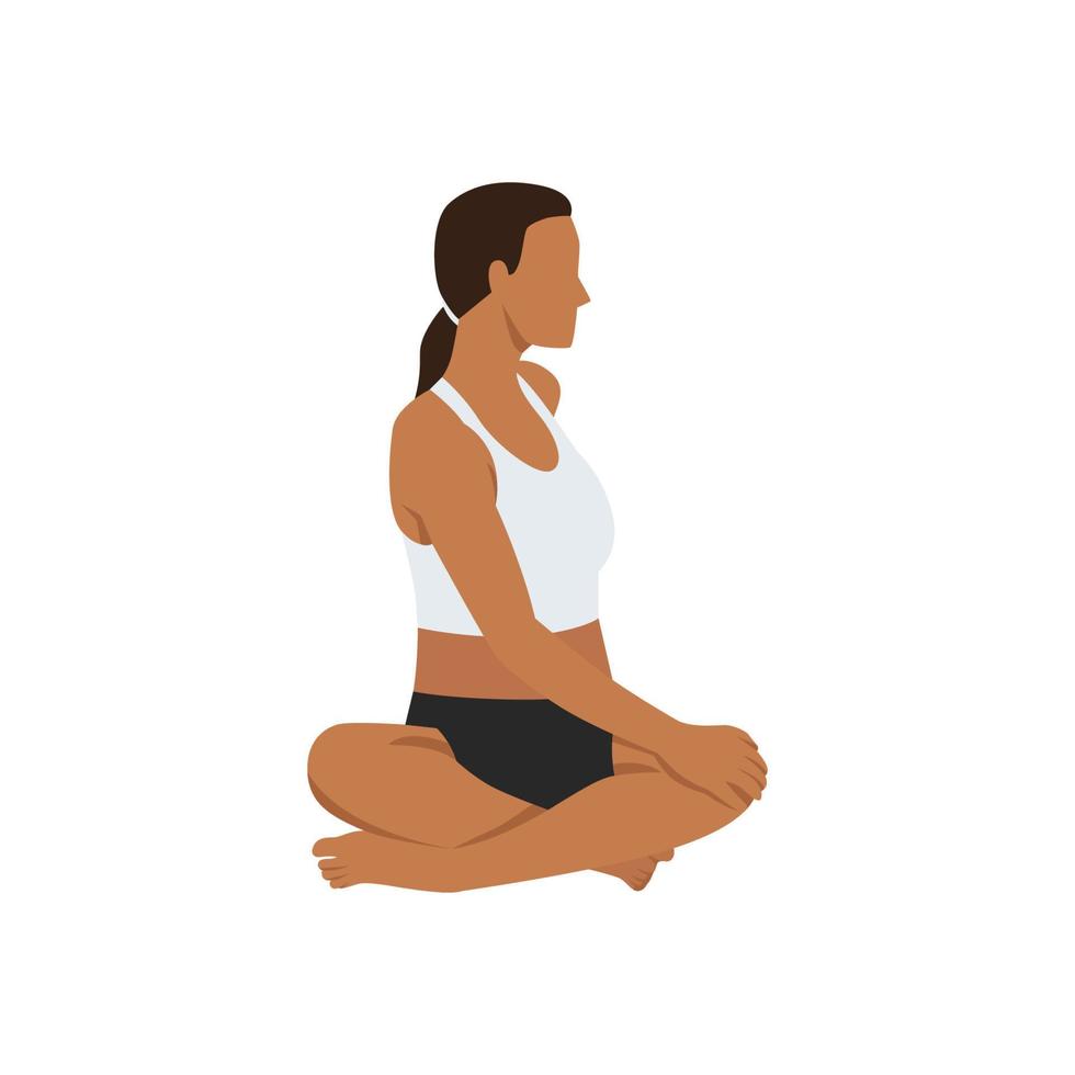 mujer haciendo una pose de giro fácil sentada, hermosa chica practica parivrtta sukhasana. ilustración vectorial plana aislada sobre fondo blanco vector