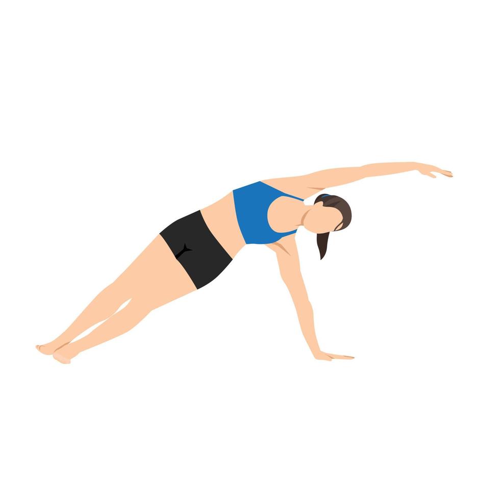 Woman doing Side plank with side stretch exercise. Flat vector illustration isolated on white background