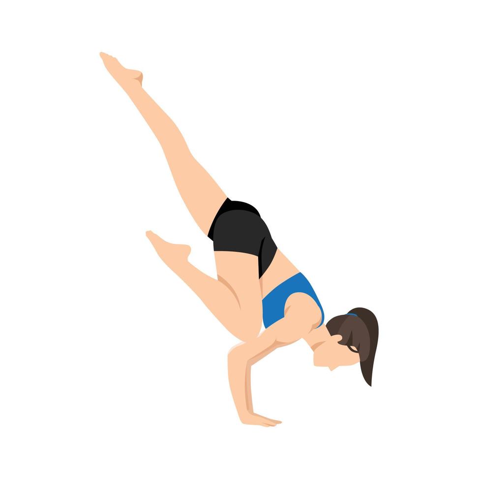 Woman doing Flying crow pose. Flat vector illustration isolated on white background