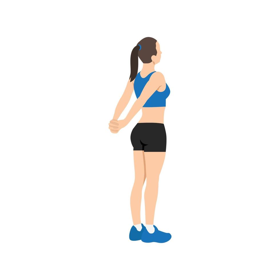 Woman doing reverse shoulder stretch exercise. Flat vector illustration isolated on white background