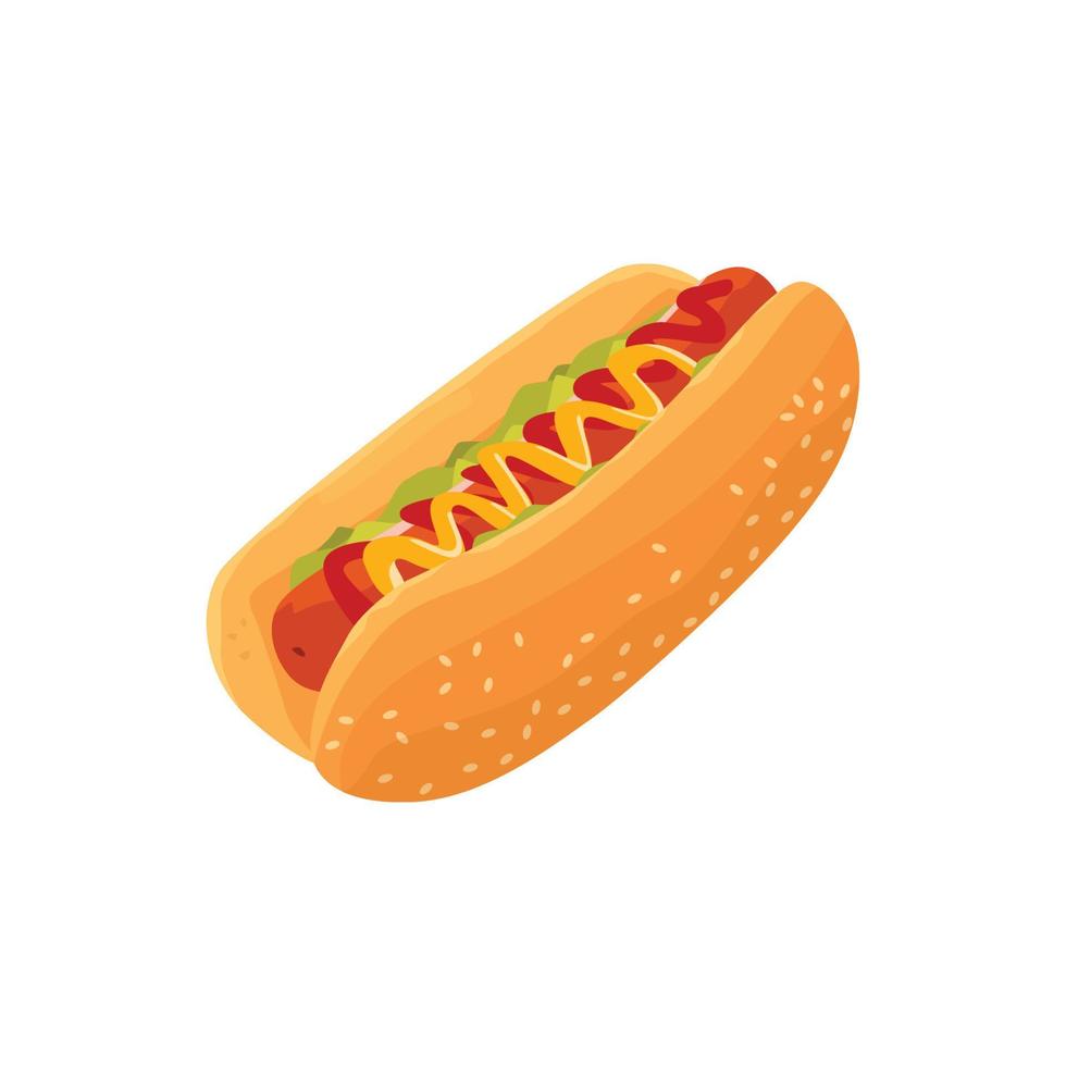 Flat vector illustration of American delicious hot dog for poster advertisement and menu restaurant. Hot dog with sausage, mustard and sesame seed bun