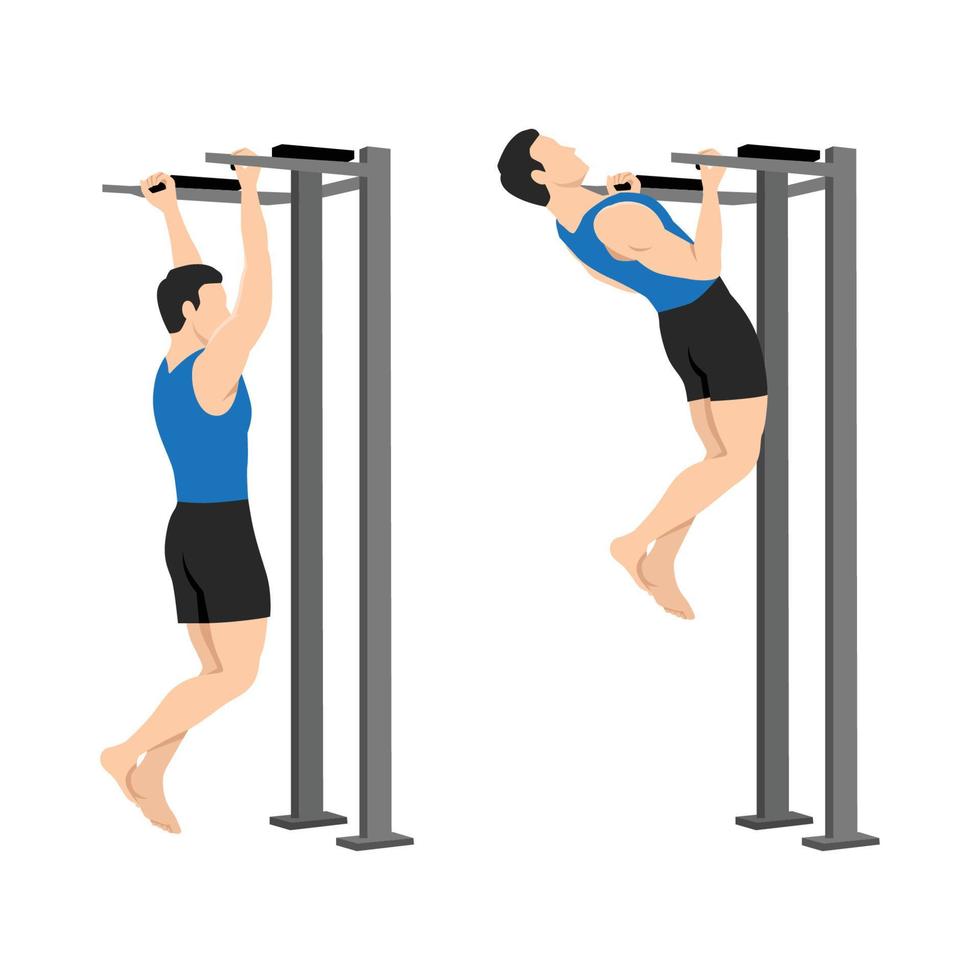Man doing chin-ups workout. Pull up with supinated lat pulldown reverse grip. Healthy and active lifestyle. Flat vector illustration isolated on white background