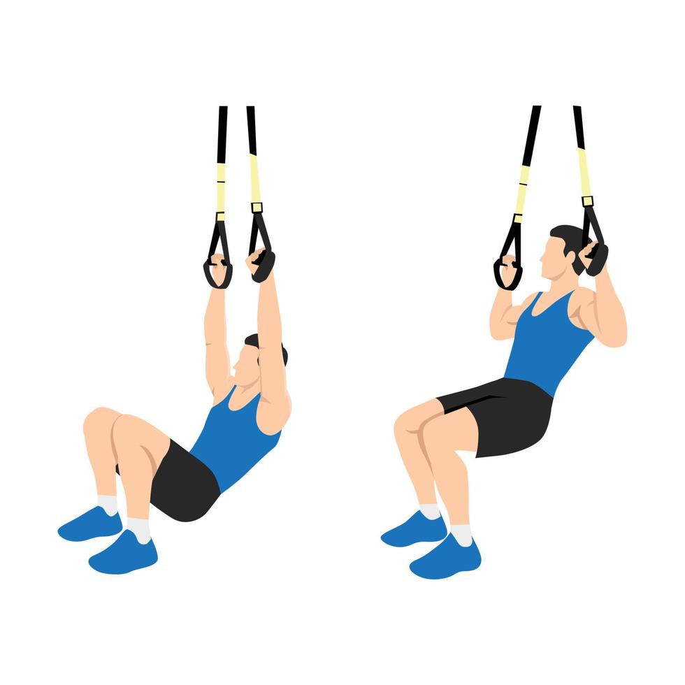 Man doing TRX Suspension strap rows or suspension trainer lat pull up exercise. Flat vector illustration isolated on white background