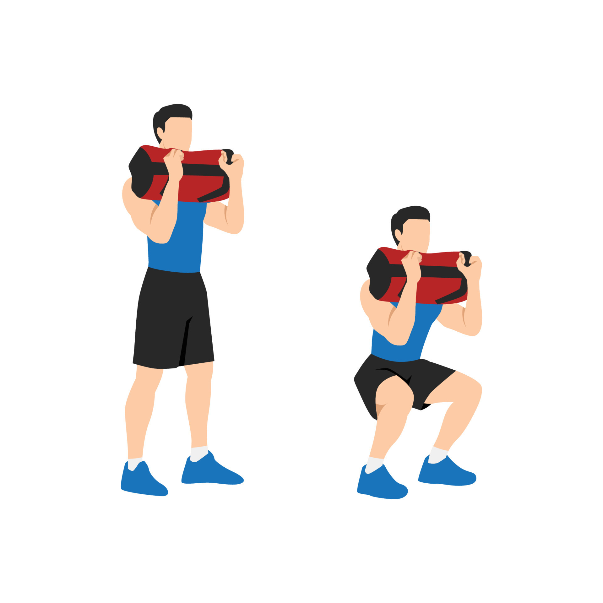 Man doing Powerbag or sandbag squat in 2 steps in side view. Flat