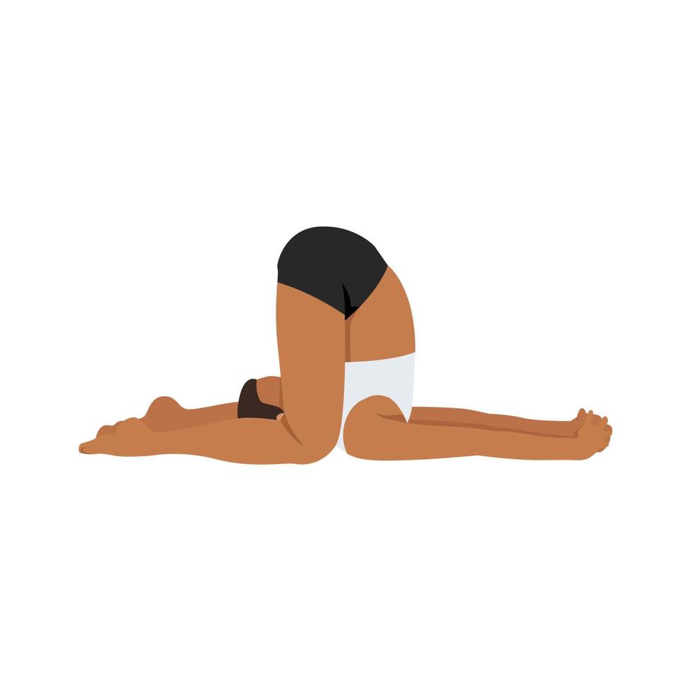 pose de presión de oído de mujer joven, variación de halasana de rodillas al suelo, pose de hombre sordo. practicar karnapidasana. ilustración vectorial plana aislada sobre fondo blanco vector