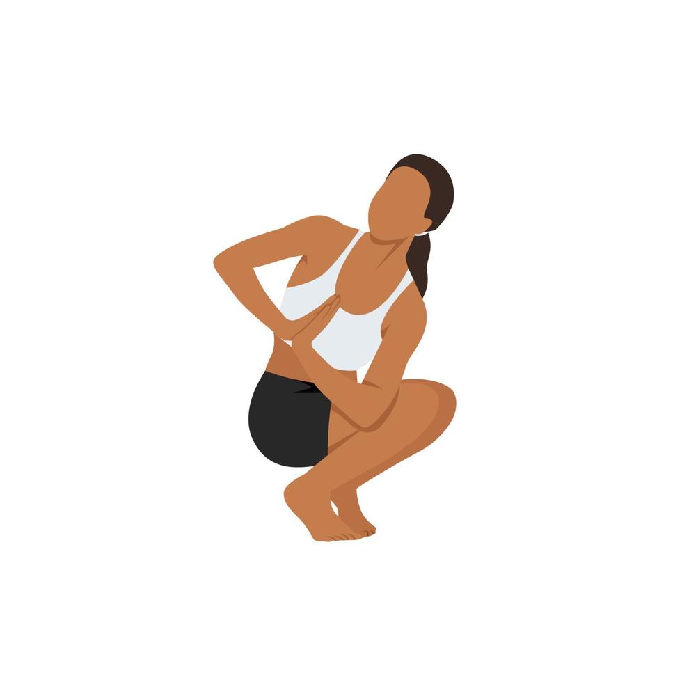 mujer haciendo una postura torcida en cuclillas. hermosa chica práctica retorcido toestand squat. ilustración vectorial plana aislada sobre fondo blanco vector