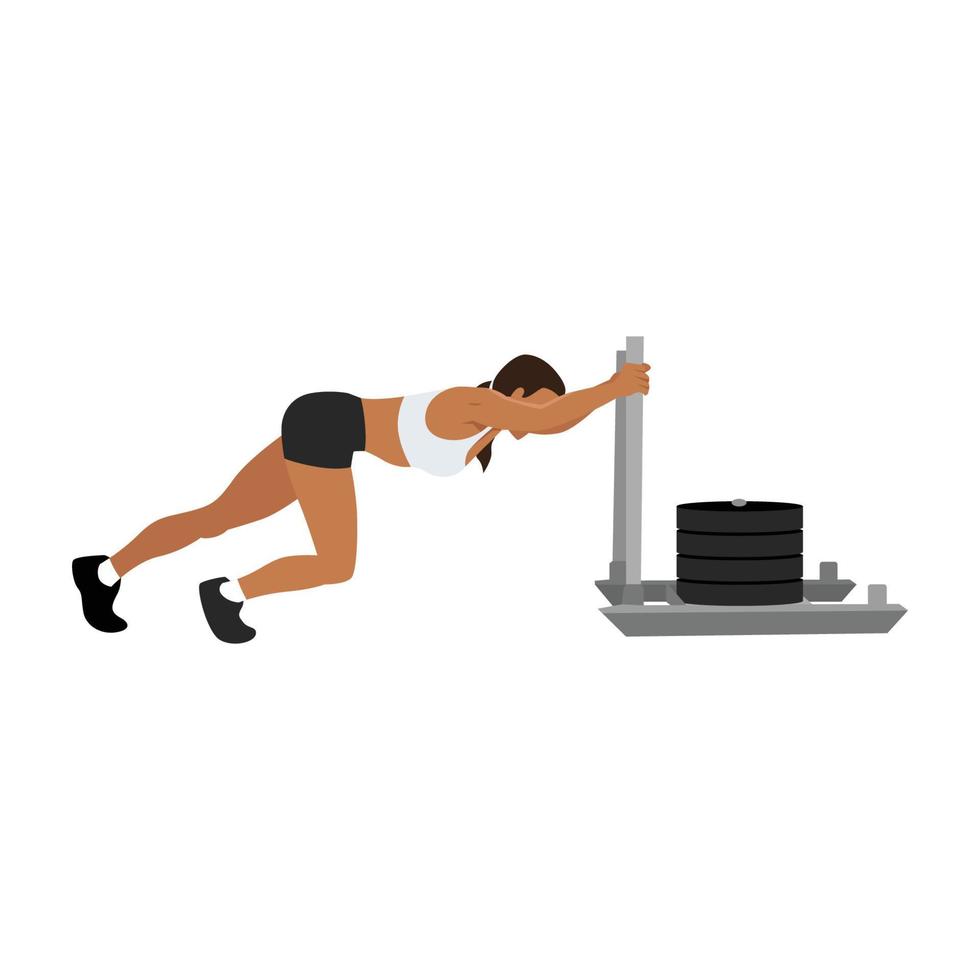 Woman doing sled pushed exercise. Flat vector illustration isolated on white background