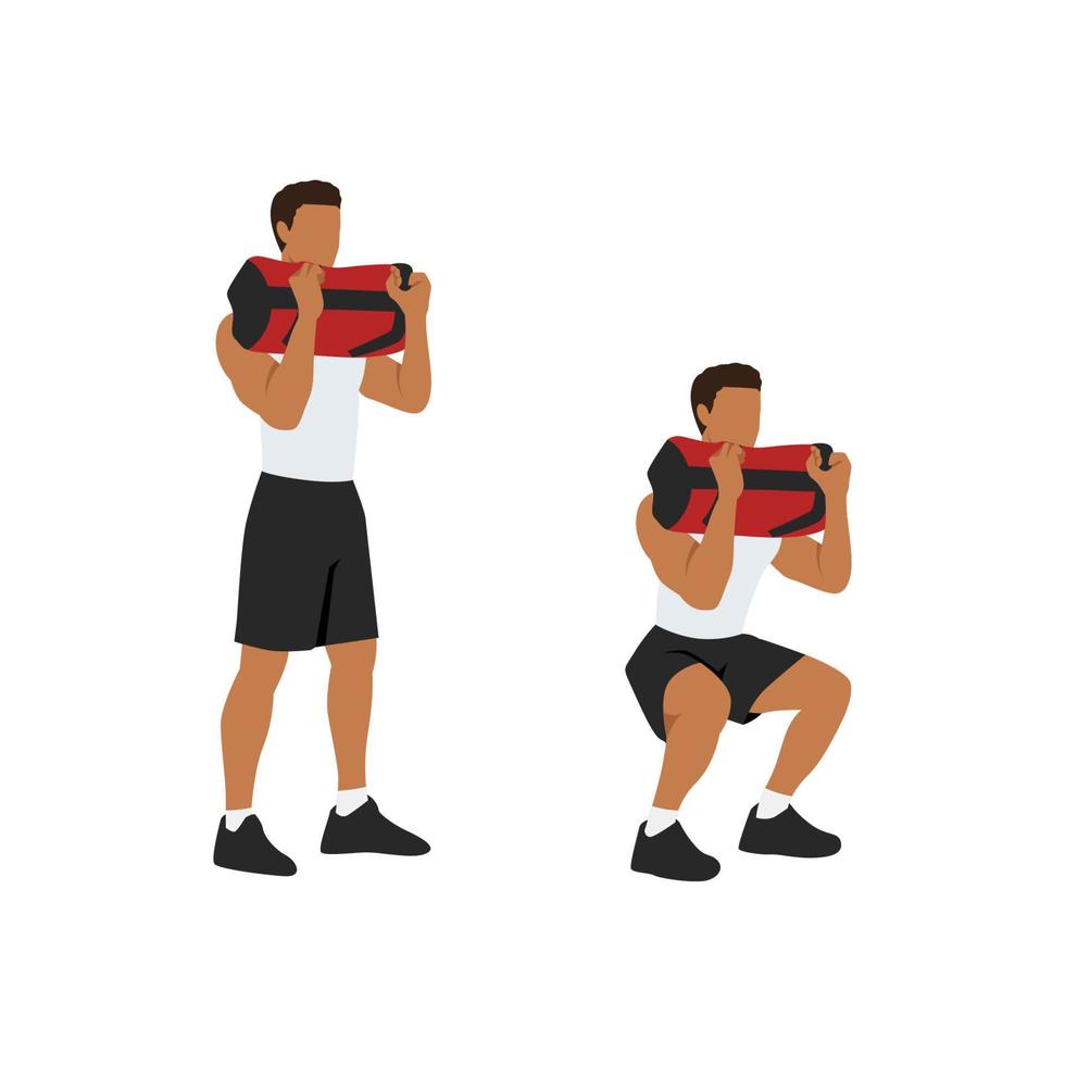 Man doing Powerbag or sandbag squat in 2 steps in side view. Flat vector illustration isolated on white background