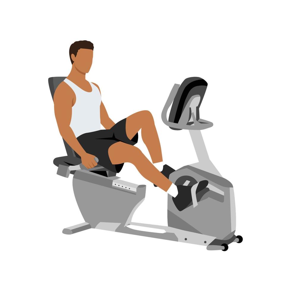 Man doing recumbent bike cardio exercise. Flat vector illustration isolated on white background