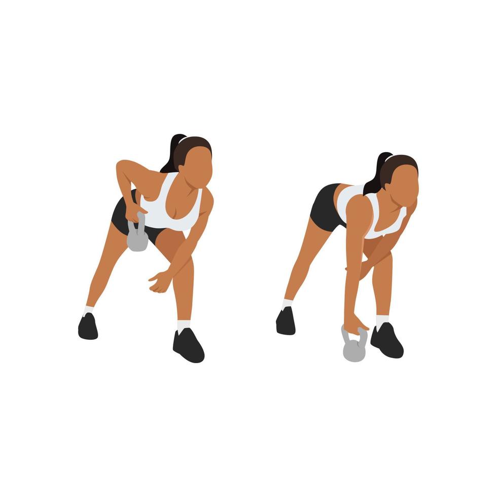 Woman doing one arm kettlebell rows exercise. Flat vector