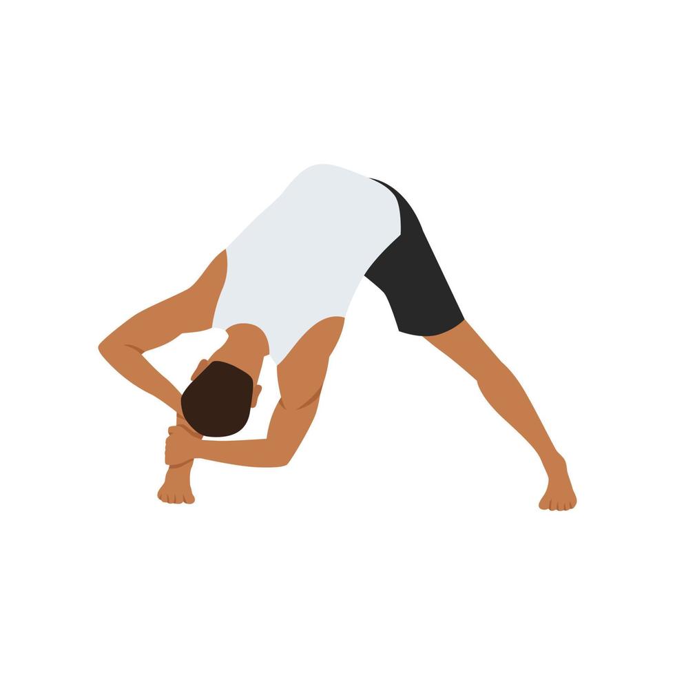 Man doing wide legged forward bend pose prasarita padottanasana exercise. Flat vector illustration isolated on white background