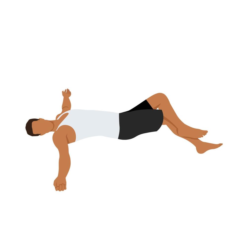 Man doing Reclining eagle pose variation Supta garudasana exercise. Flat vector illustration isolated on white background