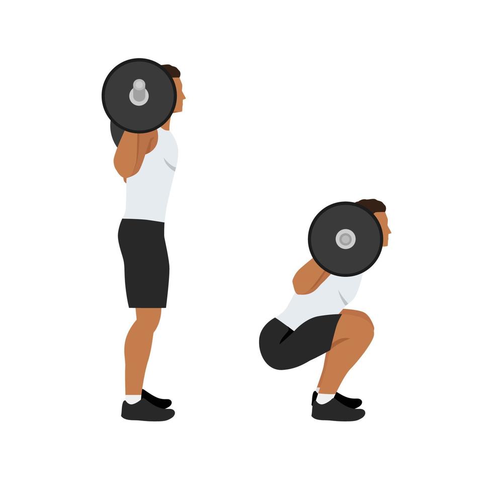 Man doing Squat with barbell exercise. Flat vector illustration isolated on white background