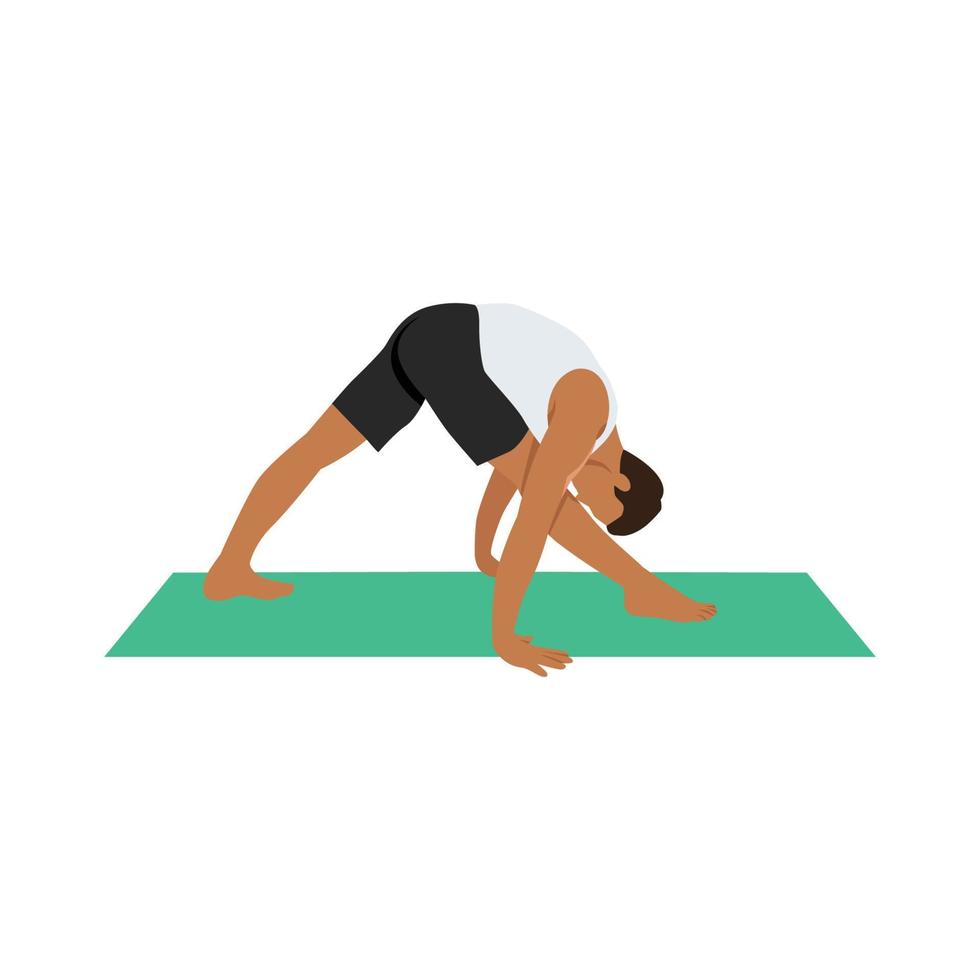 hombre haciendo ejercicio de parsvottanasana de pose de estiramiento lateral intenso. ilustración vectorial plana aislada sobre fondo blanco vector