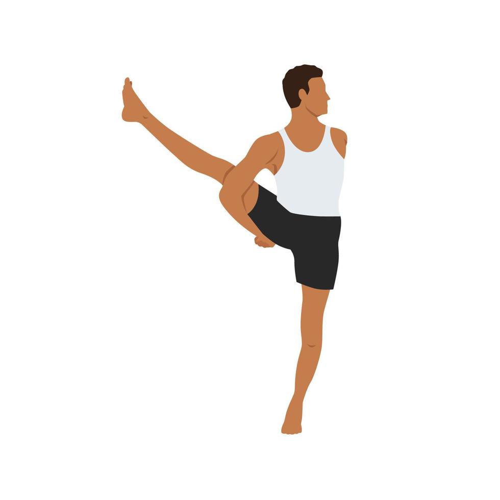 hombre practicando yoga svarga dvijasana, o ave del paraíso. calma profesional y mujer relajada. ilustración vectorial plana aislada sobre fondo blanco vector