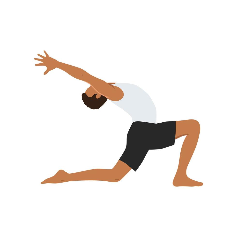 Man doing Crescent Lunge pose or Anjaneyasana exercise. Flat vector illustration isolated on white background