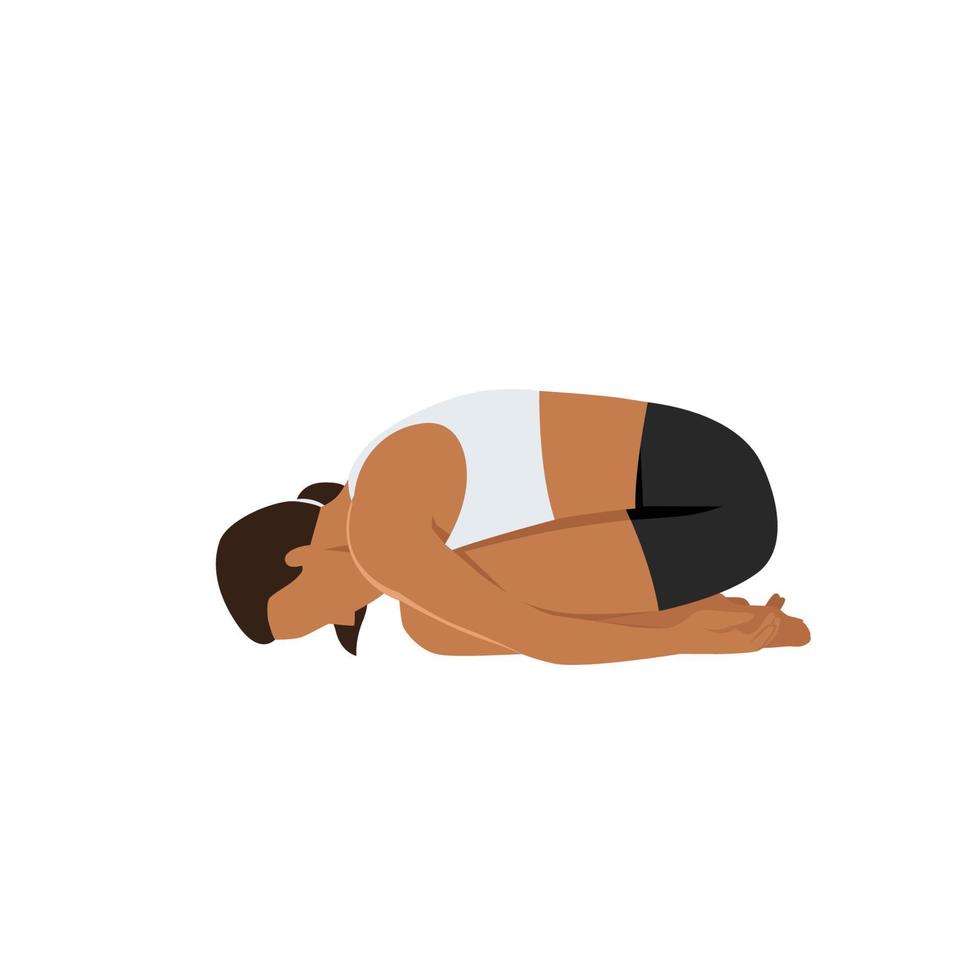 Woman doing Child's Pose, Beautiful girl practice Balasana. Young attractive woman practicing yoga exercise. Flat vector illustration isolated on white background
