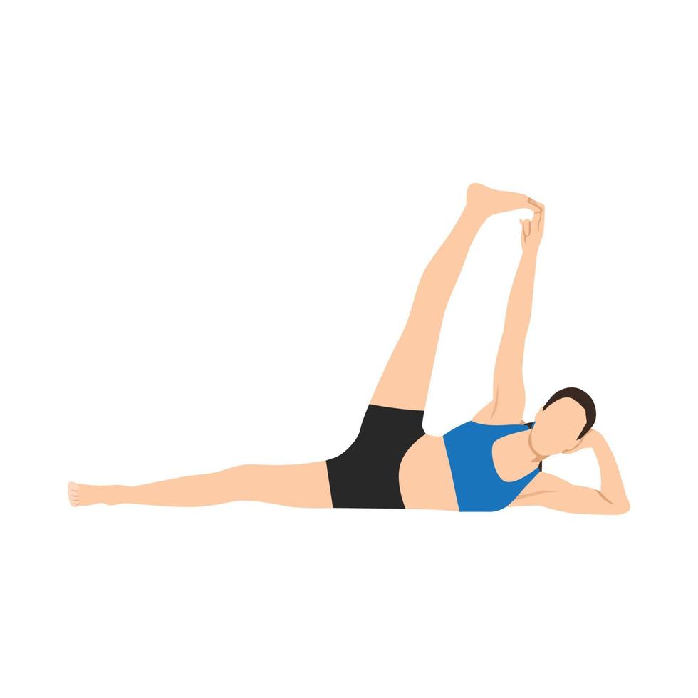 Woman doing Side Reclining Leg Lift Pose, Vishnu Pose, Eternal One Pose. Practice Anantasana. Flat vector illustration isolated on white background