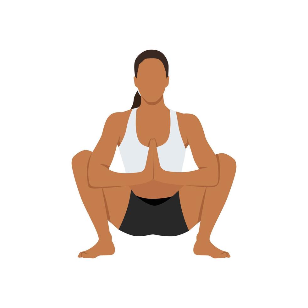 Woman doing yoga, sitting in malasana garland pose. Flat vector illustration isolated on white background