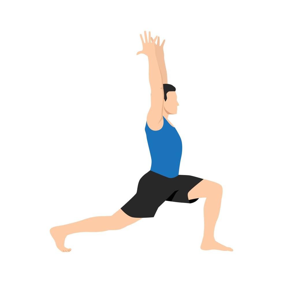 Man doing warrior I pose virabhadrasana exercise. . Flat vector illustration isolated on white background