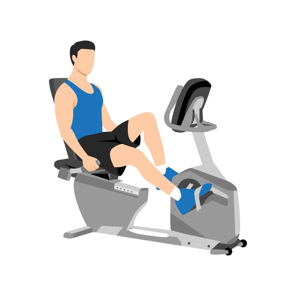 Man doing recumbent bike cardio exercise. Flat vector illustration isolated on white background