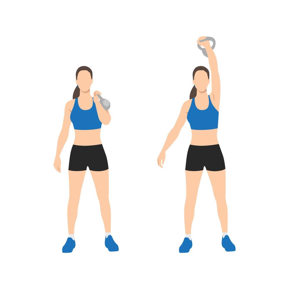 Woman doing One arm kettlebell push and press exercise. Flat vector illustration isolated on white background