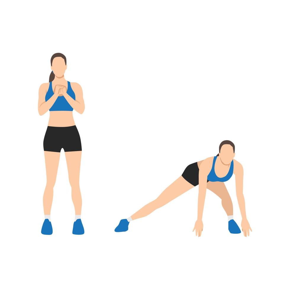 Woman doing Lateral lunges to floor touches exercise. Flat vector illustration isolated on white background