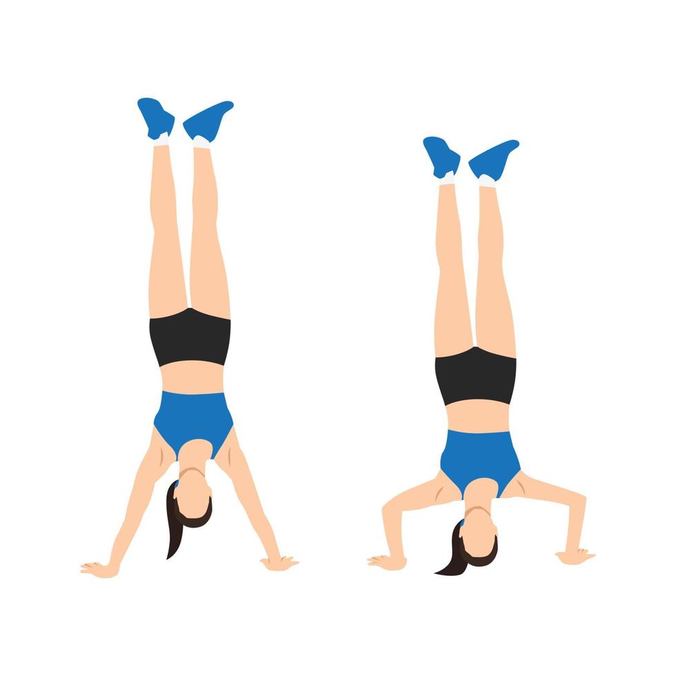 Woman doing handstand push up exercise. Flat vector illustration isolated on white background