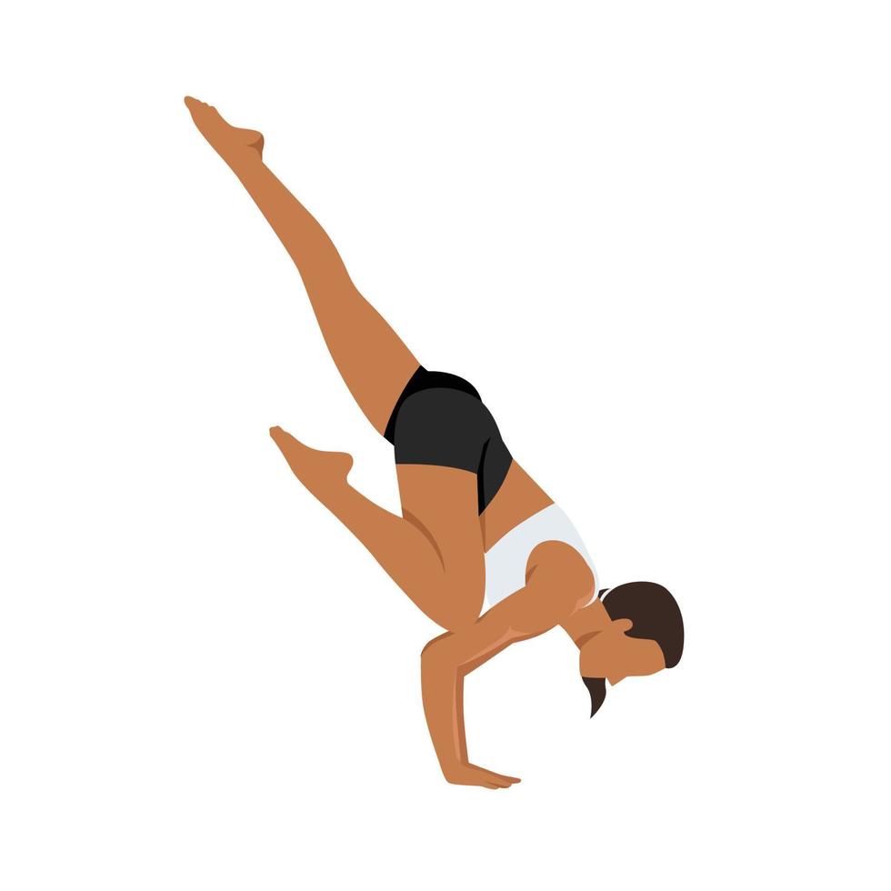 Woman doing Flying crow pose. Flat vector illustration isolated on white background
