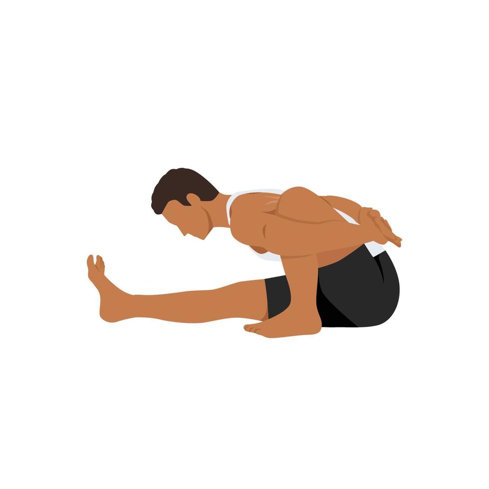 hombre haciendo pose de giro sabio, pose de marichi, pose de giro espinal sentado con una sola pierna. marichyasana. ilustración vectorial plana aislada sobre fondo blanco vector