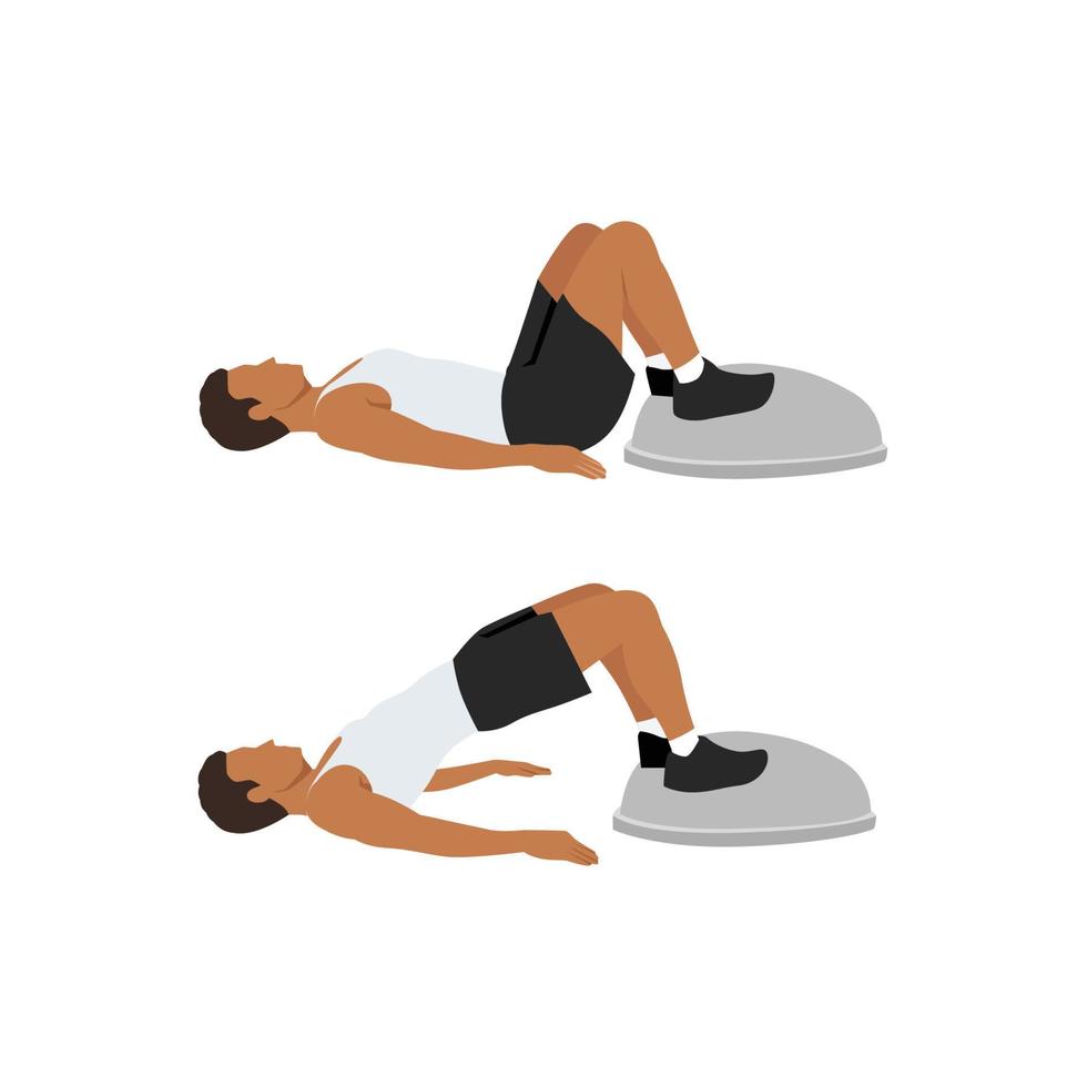 Man doing Bosu ball bridges hip raises. Glute bridges exercise. Flat vector illustration isolated on white background