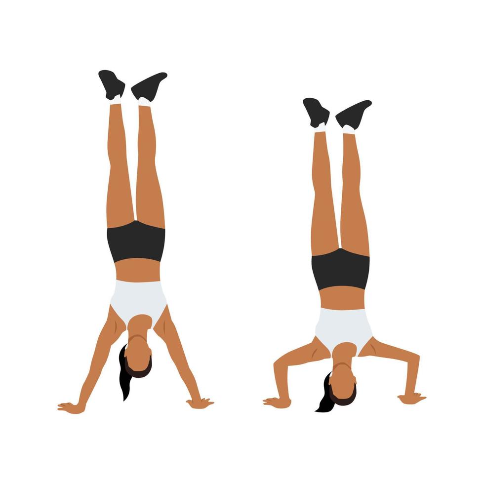 Woman doing handstand push up exercise. Flat vector illustration isolated on white background