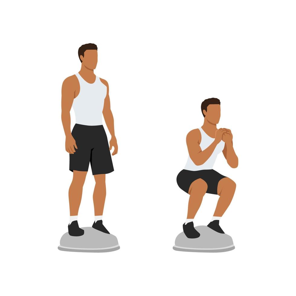 Man doing bosu ball squat exercise. Flat vector illustration isolated on white background