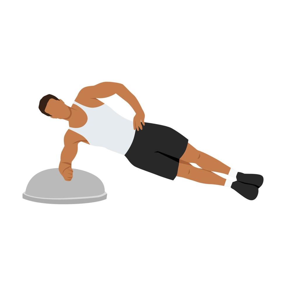 Man doing Bosu ball side plank exercise. Flat vector illustration isolated on white background