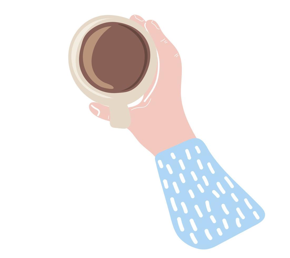 Hand holding cup of coffee. Top view vector