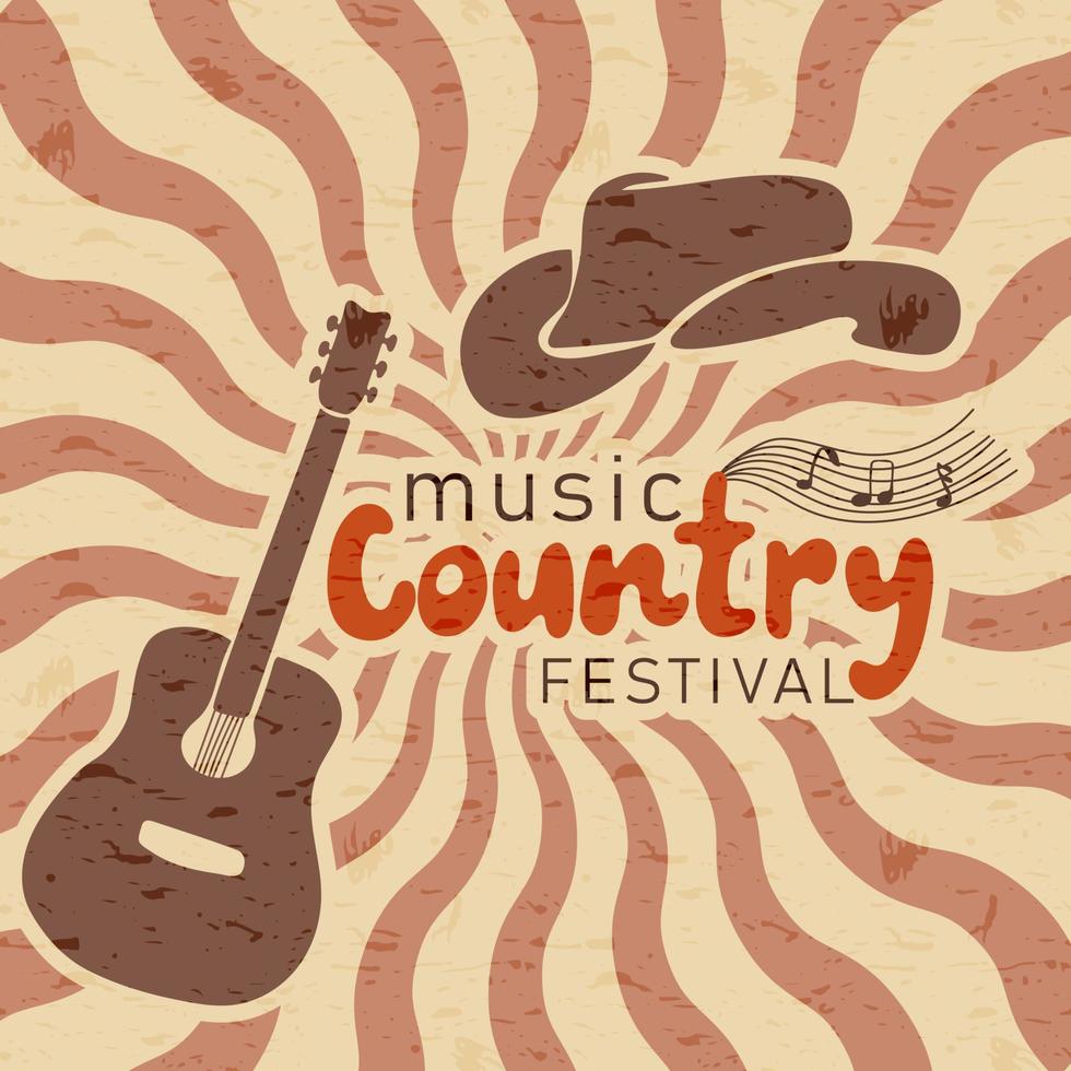 Country music festival poster with cowboy hat and guitar on swirl background vector