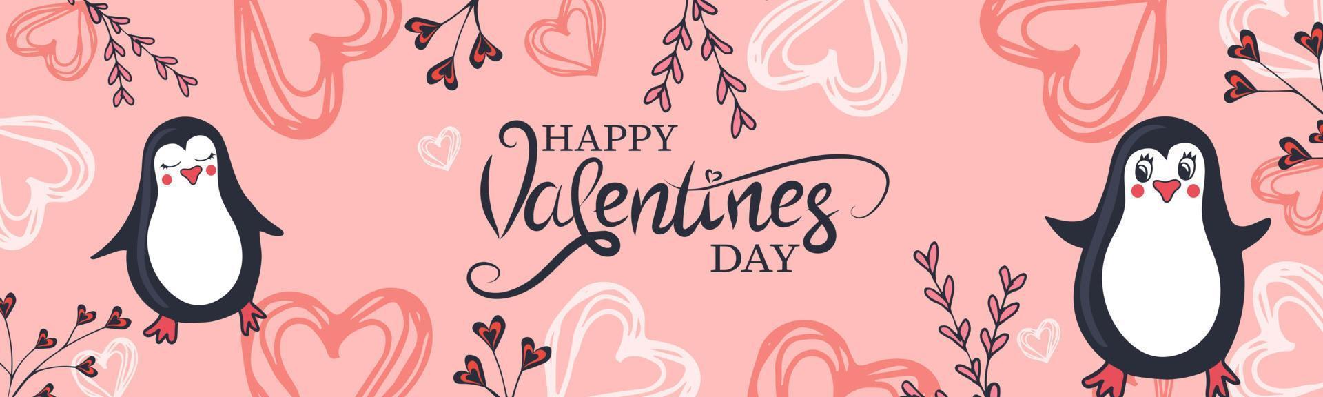Happy Valentines day banner. Trendy design with typography, hand painted floral twigs, hearts and penguins vector