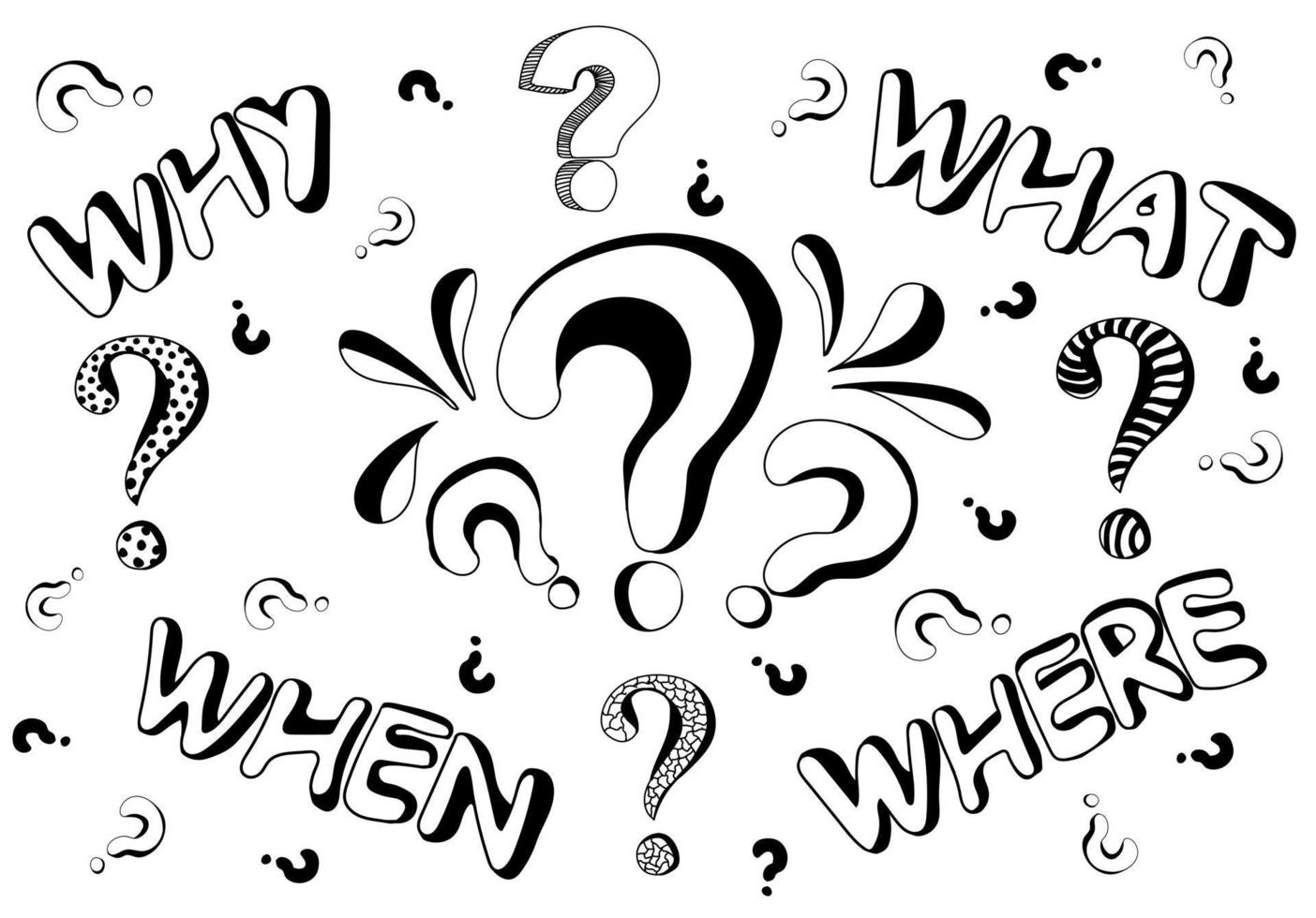 Set of hand drawn question words and question marks in doodle style. vector