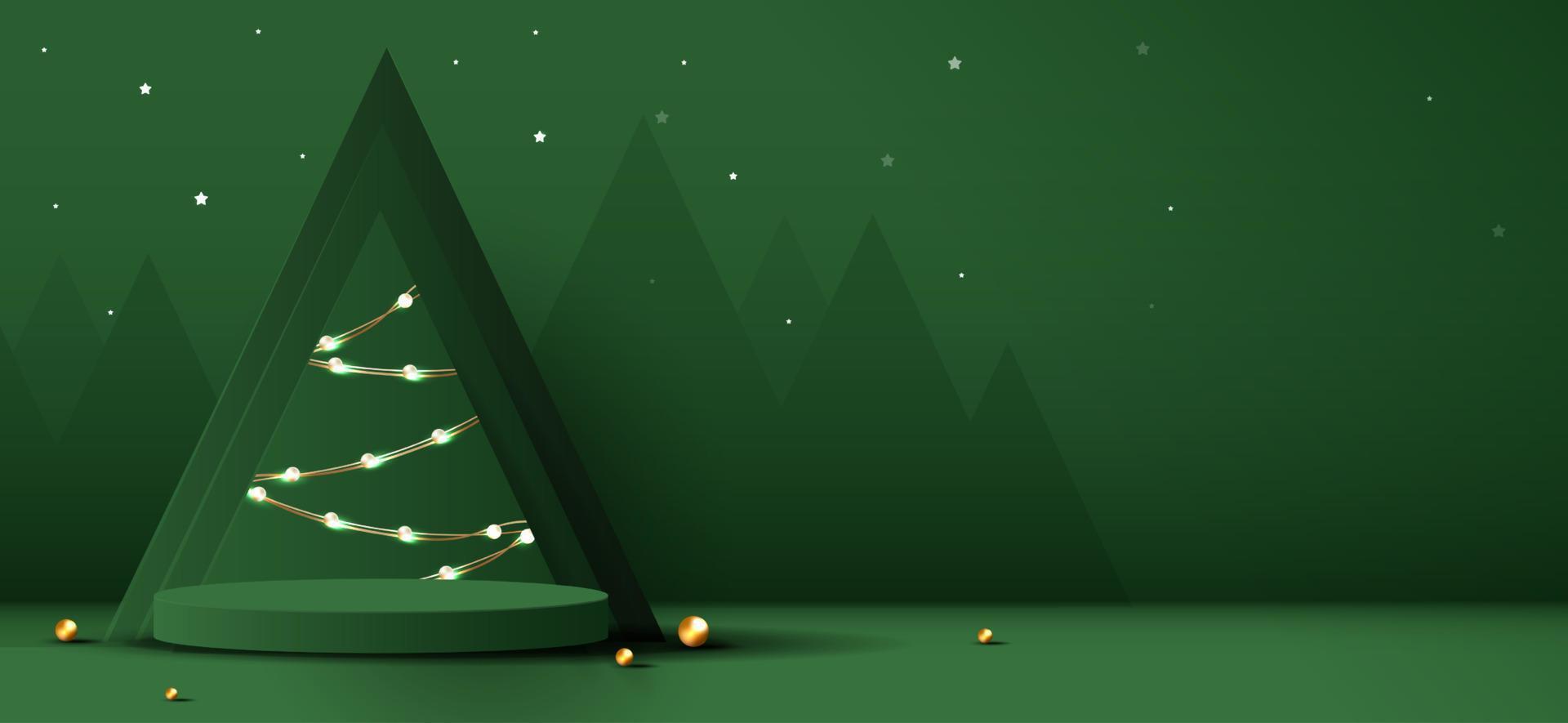 forma de podio para mostrar la exhibición de productos cosméticos para el día de navidad o año nuevo. escaparate de productos de pie sobre fondo verde con árbol de navidad. diseño vectorial vector