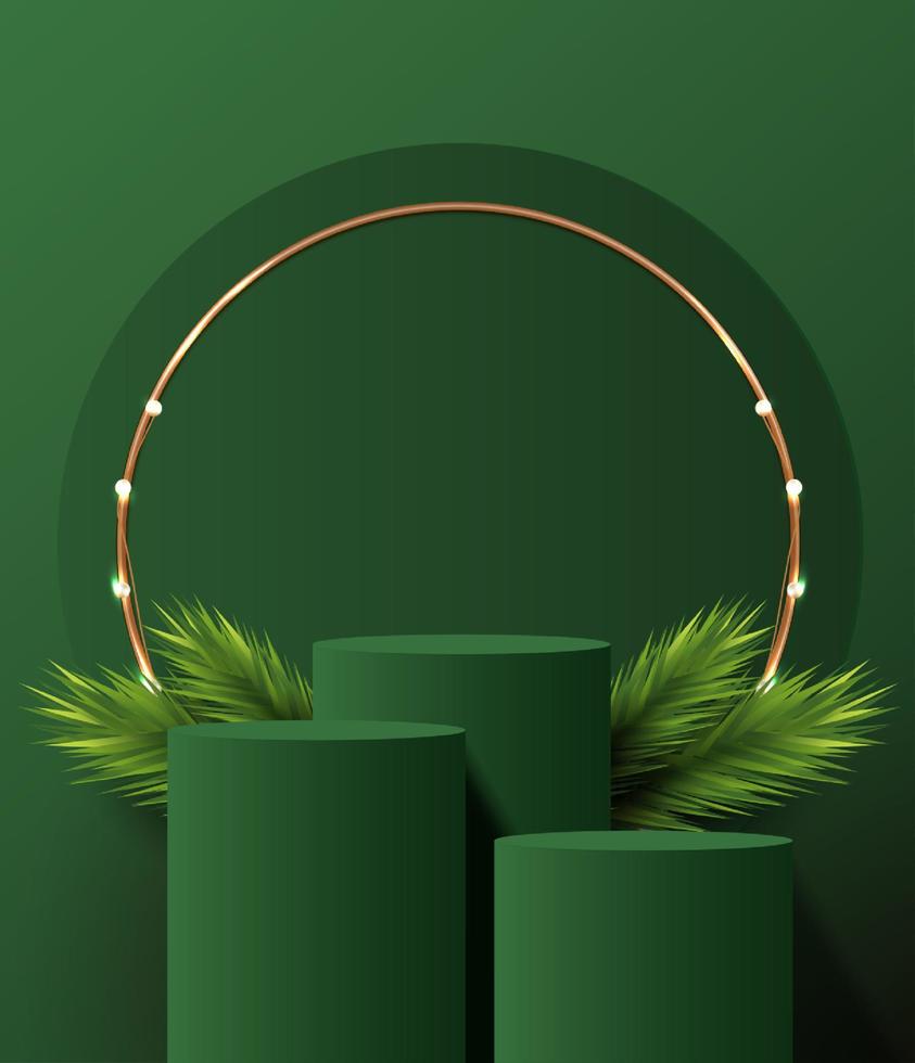 forma de podio para mostrar la exhibición de productos cosméticos para el día de navidad o año nuevo. escaparate de productos de pie sobre fondo verde con árbol de navidad. diseño vectorial vector