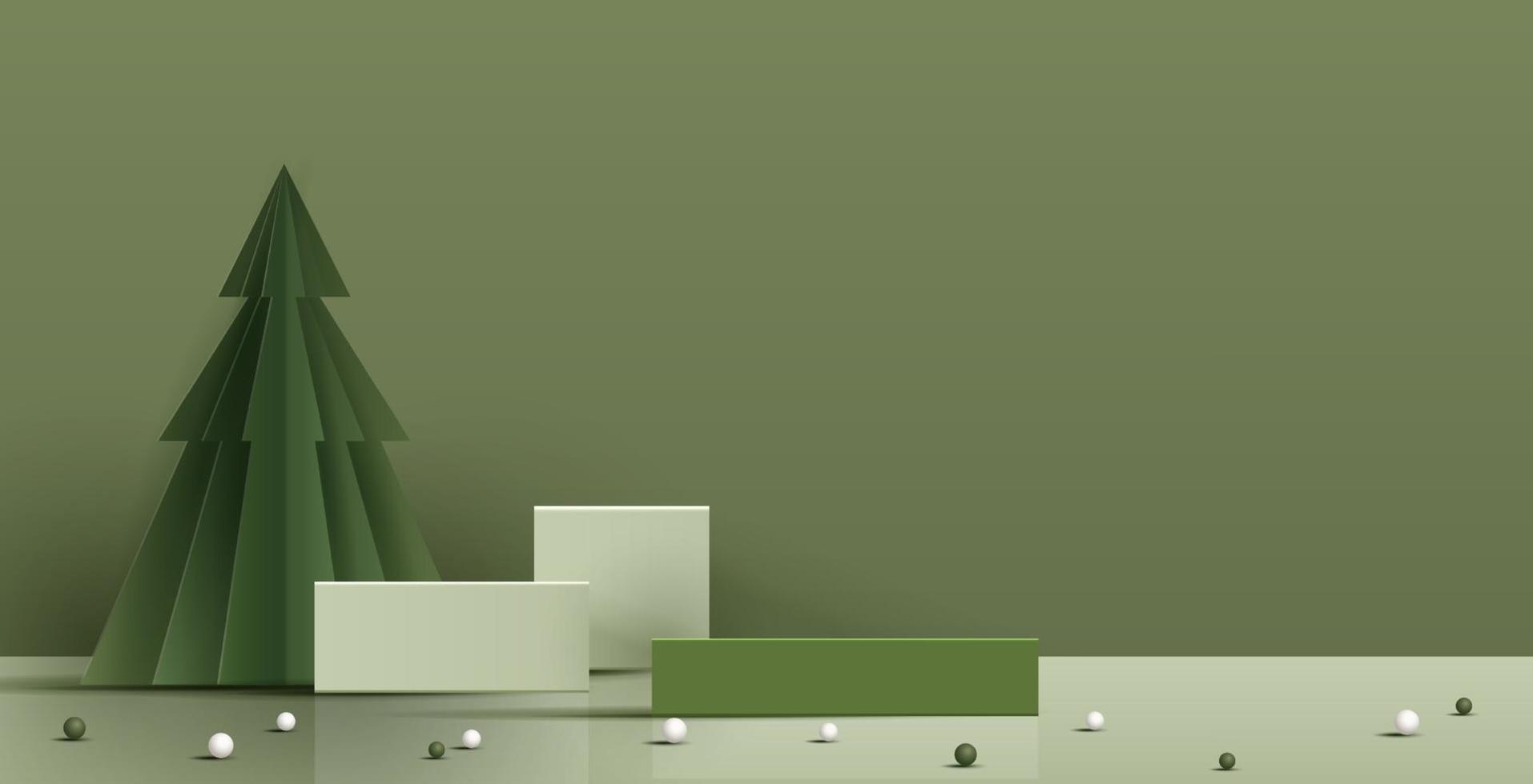 Podium shape for show cosmetic product display for Christmas day or New Years. Stand product showcase on green background with tree christmas. vector design.